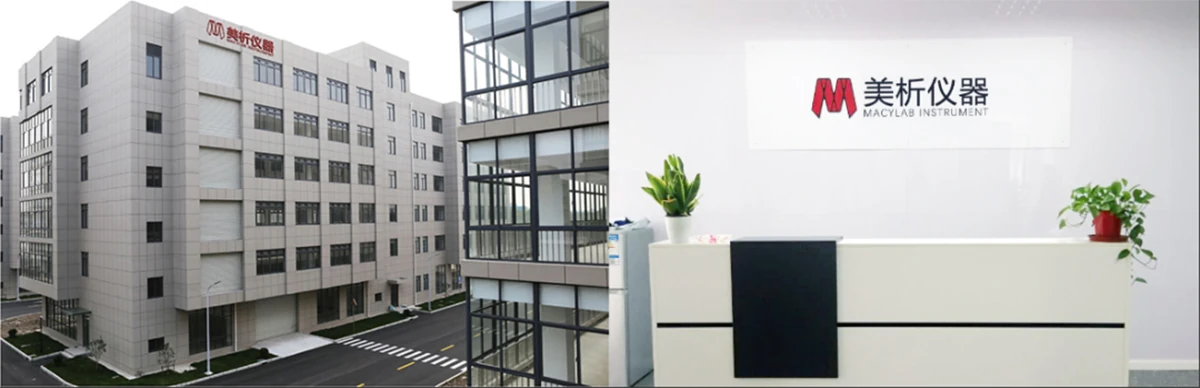 A split image showing the Macylab Instruments facility: the left side displays the multi-story industrial R&D building, and the right side shows the professional office reception area with the company logo.