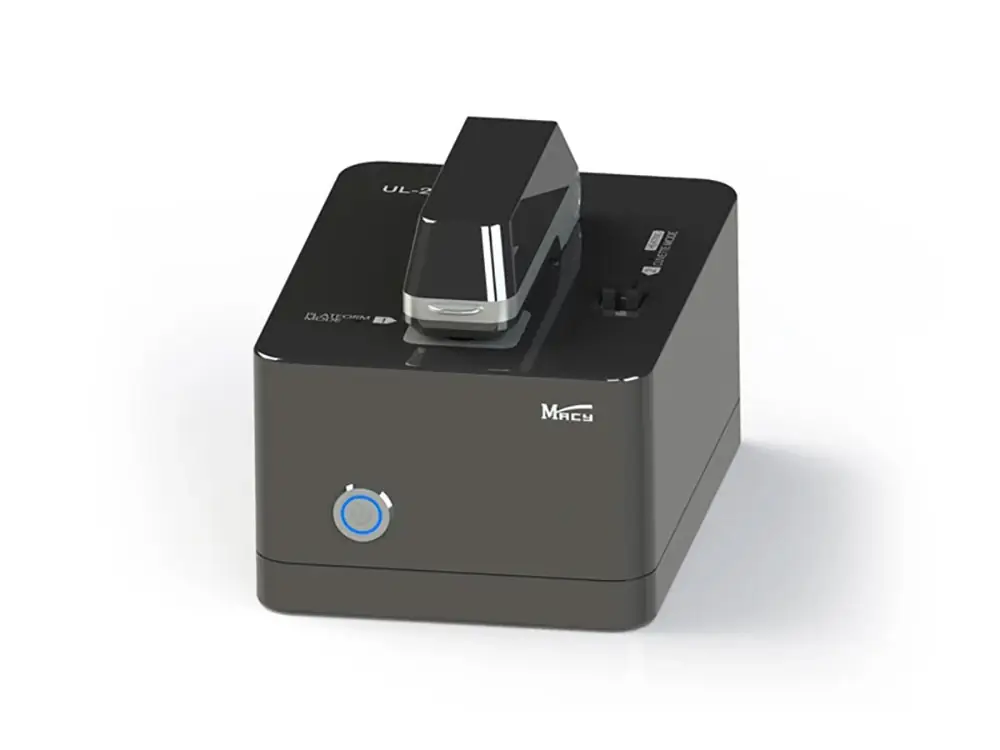 A black MACY UL-2000 micro-volume spectrophotometer featuring a detection pedestal, blue power button, and dual measurement mode switch for platform and cuvette testing.