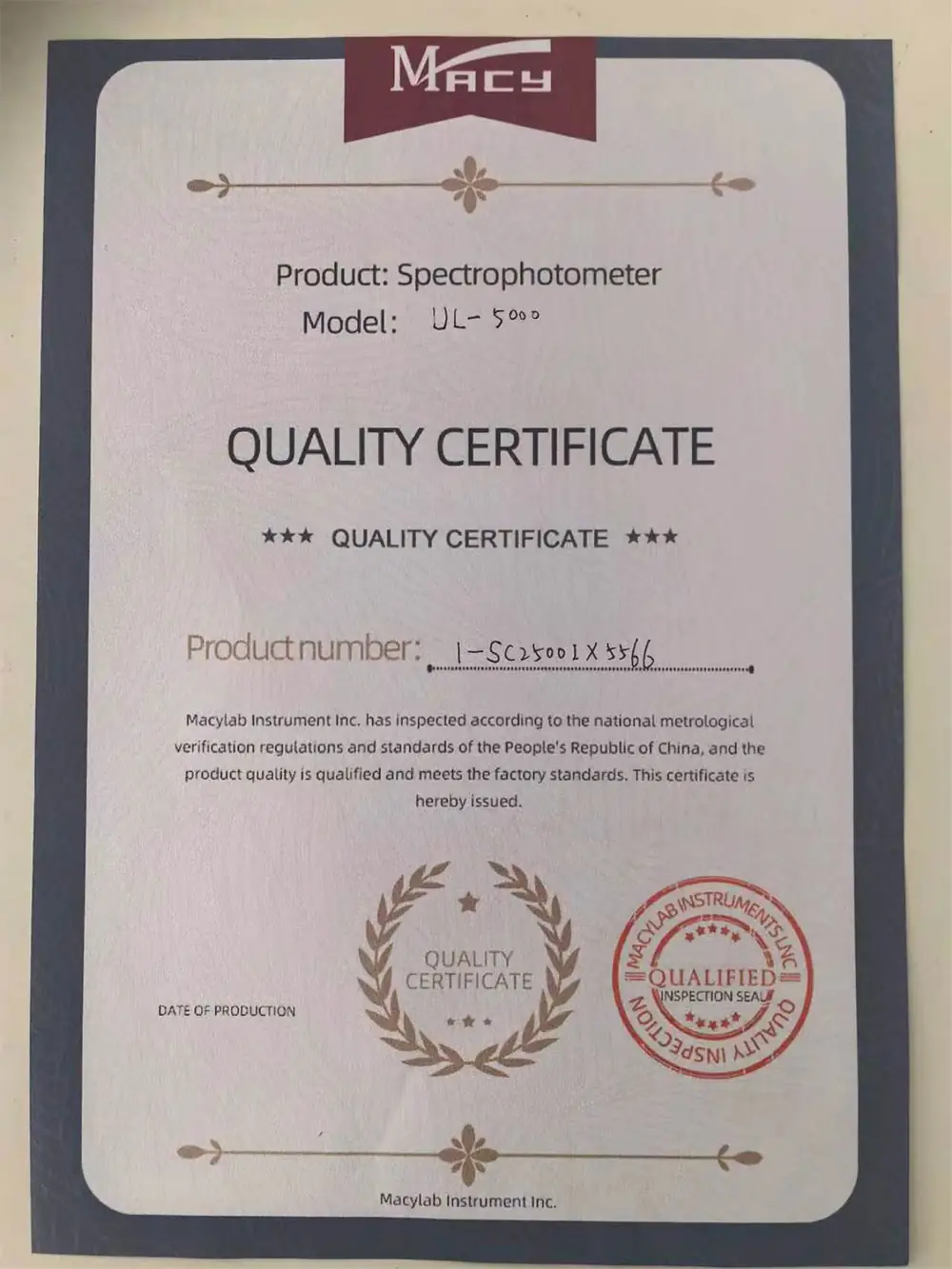 macylab ul 5000 spectrophotometer product quality certificate