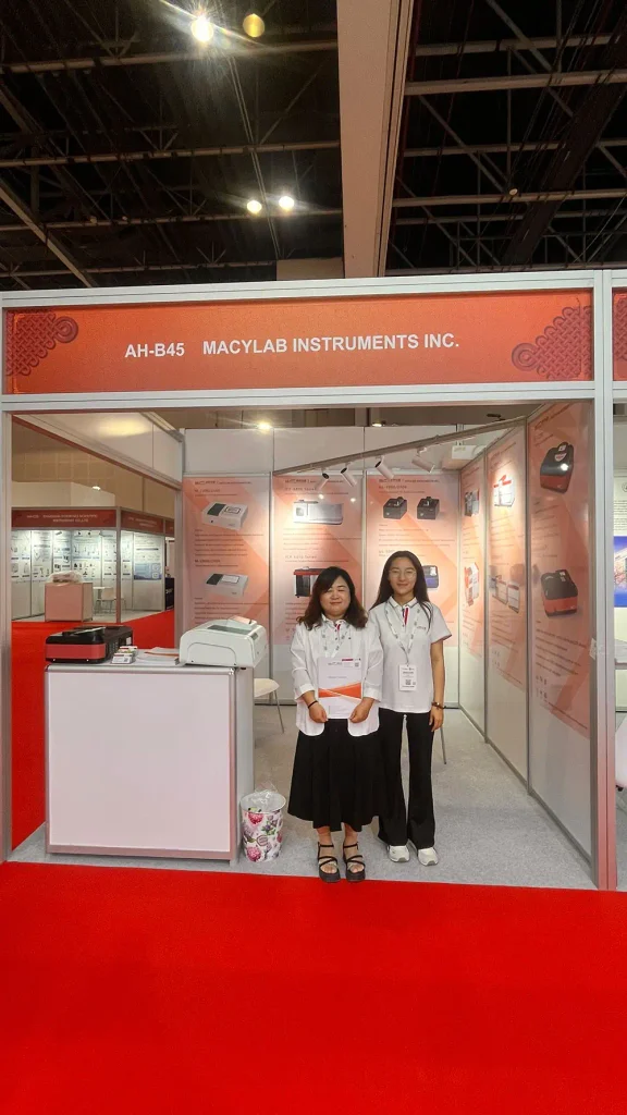an overview of our booth, featuring uv vis spectrophotometers, aas and icp oes instruments